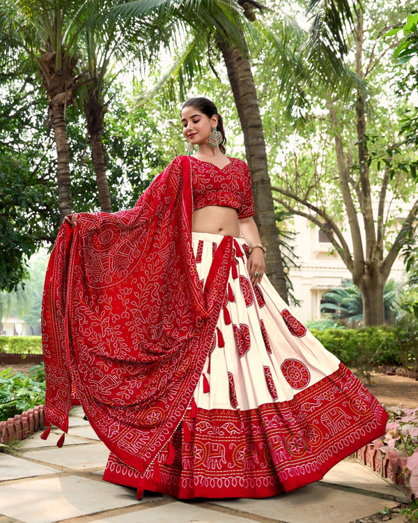 Lorenvalley Red Artistry in Tussar Silk with Bandhej Print Lehenga Choli - Distacart