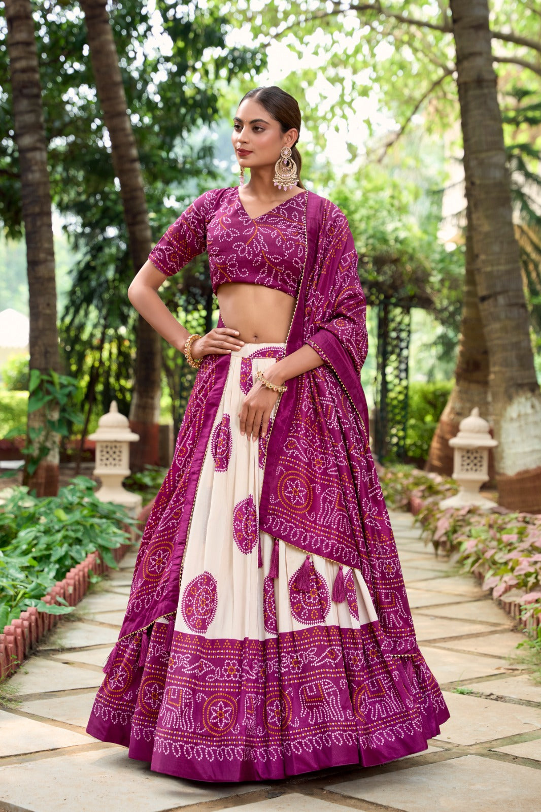 Lorenvalley Wine Artistry in Tussar Silk with Bandhej Print Lehenga Choli - Distacart