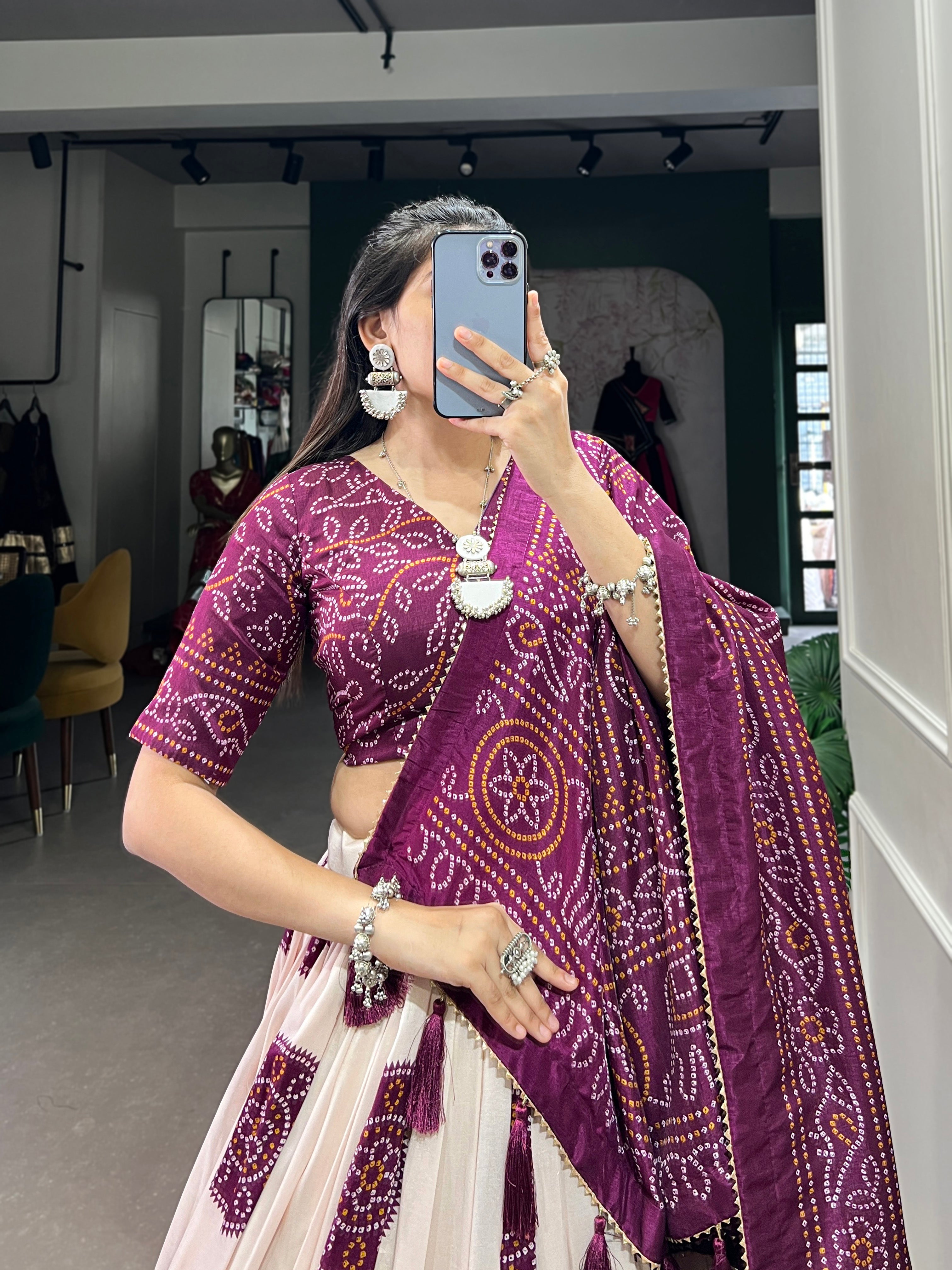 Lorenvalley Wine Artistry in Tussar Silk with Bandhej Print Lehenga Choli - Distacart