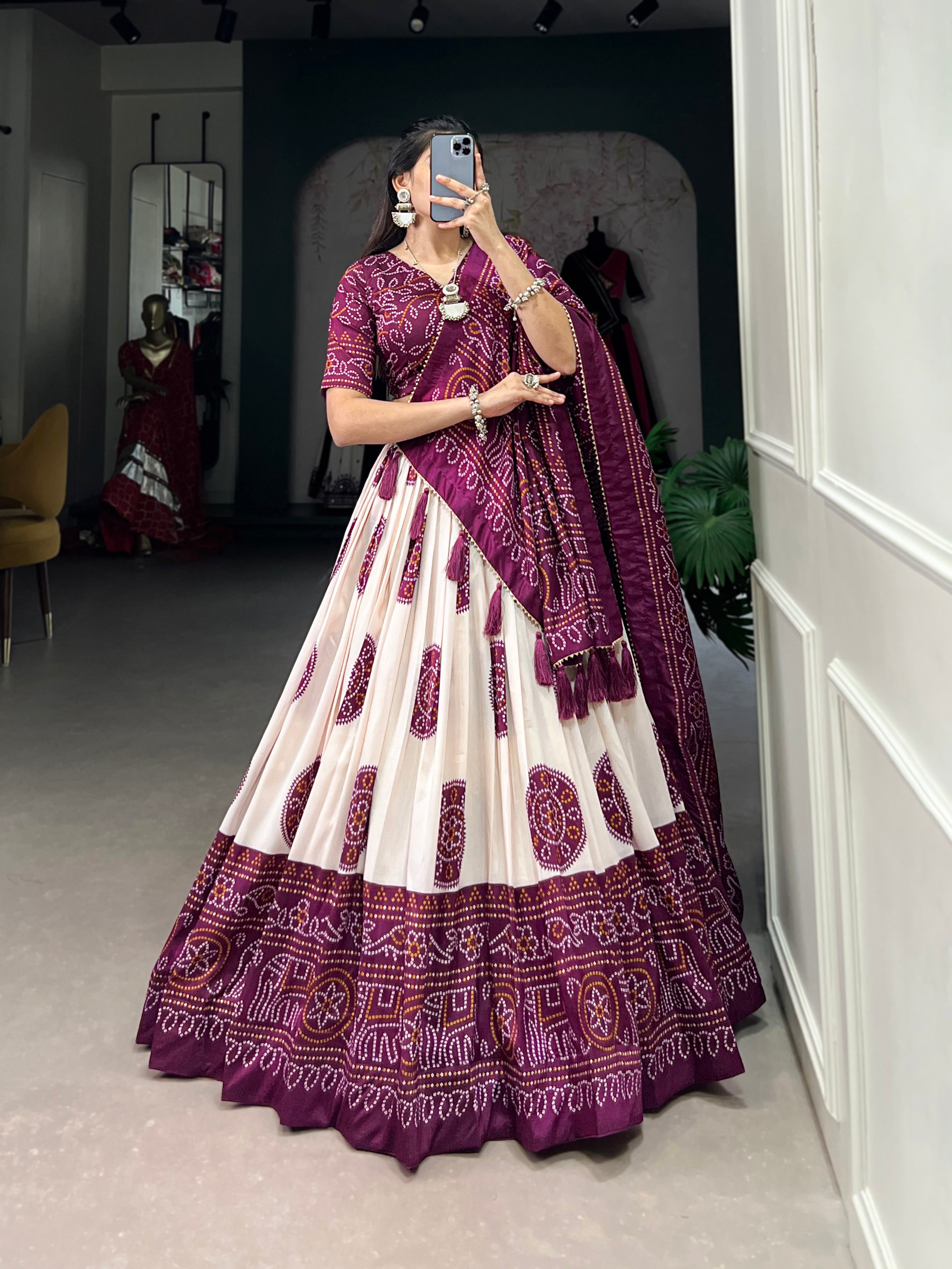 Lorenvalley Wine Artistry in Tussar Silk with Bandhej Print Lehenga Choli - Distacart