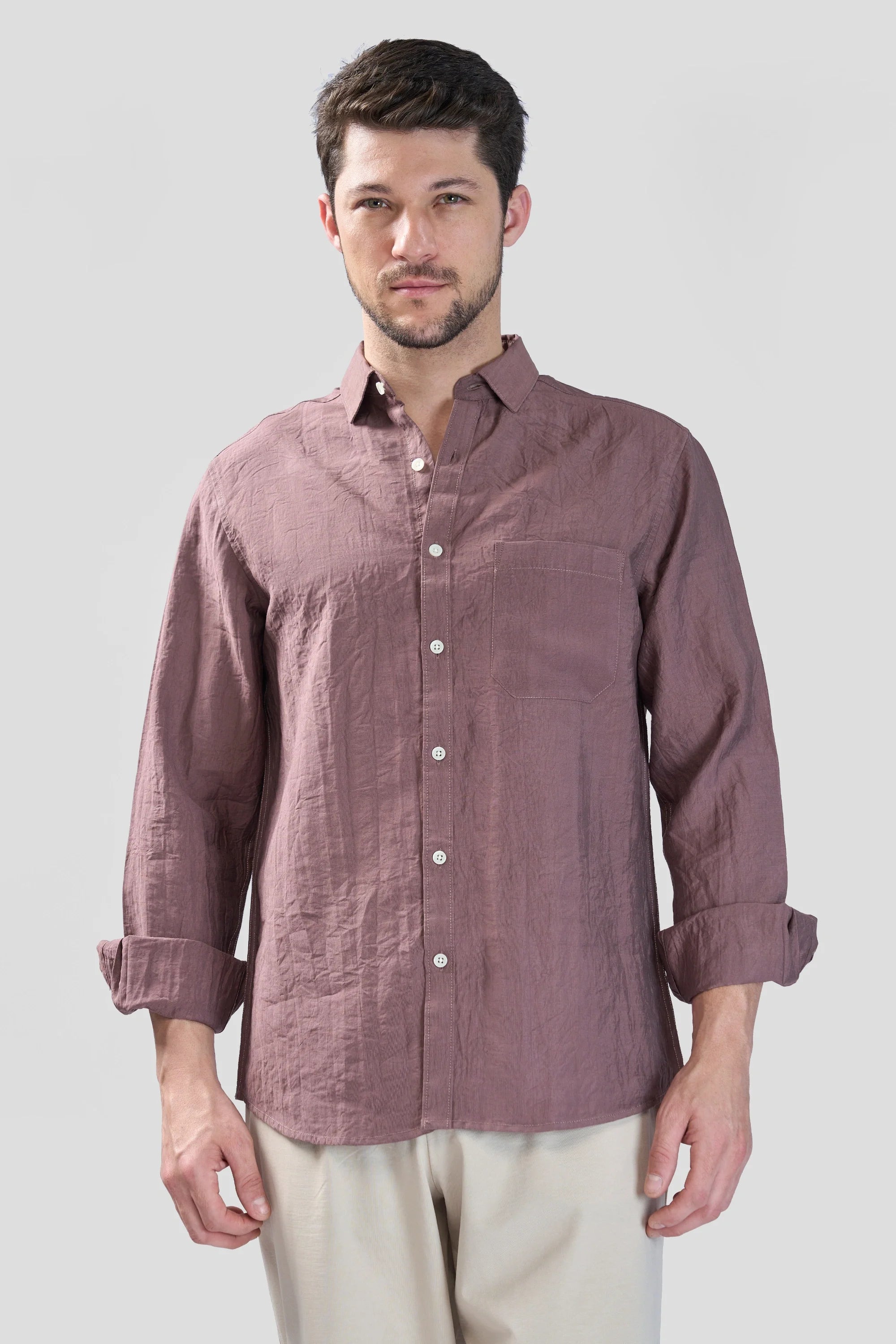 Xkind Brown Crush Wrinkled Look Regular Fit Shirt