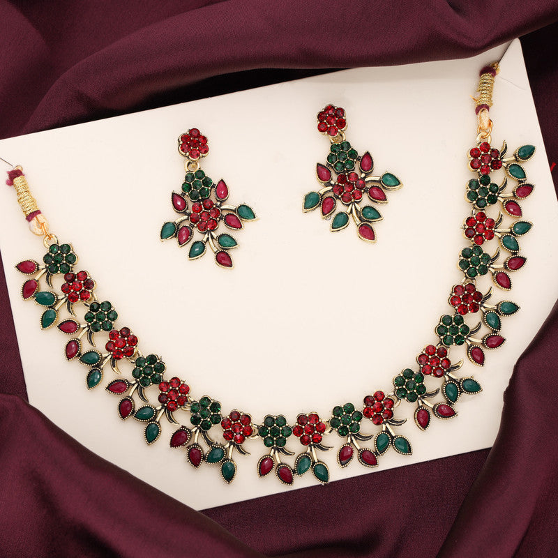 Tehzeeb Creations Green And Maroon Pack of 1 Gold-Polished Choker Necklace Set With Earring For Women & Girls - Distacart