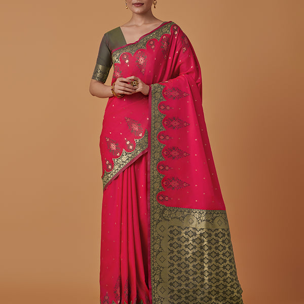 Monjolika Fashion Pink Banarasi Silk Blend SareeWith Zari Woven Rich Brocade Design - Distacart