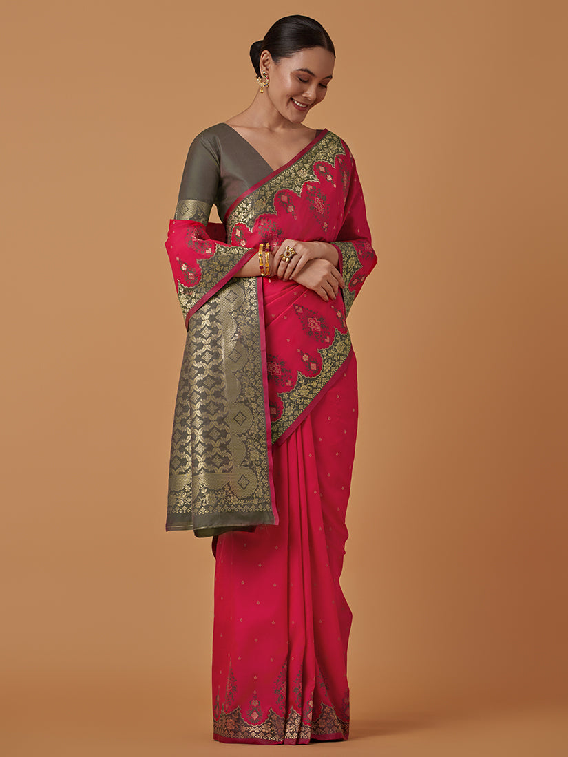 Monjolika Fashion Pink Banarasi Silk Blend SareeWith Zari Woven Rich Brocade Design - Distacart