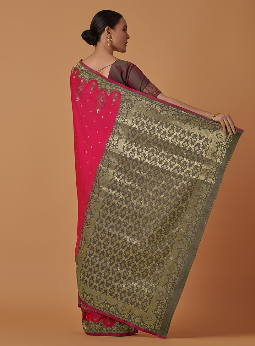 Monjolika Fashion Pink Banarasi Silk Blend SareeWith Zari Woven Rich Brocade Design - Distacart