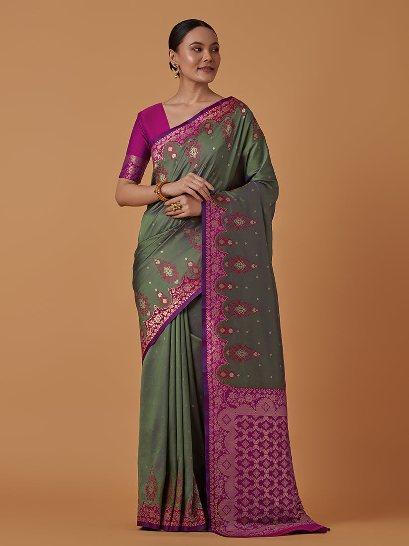 Monjolika Fashion Olive Banarasi Silk Blend SareeWith Zari Woven Rich Brocade Design - Distacart