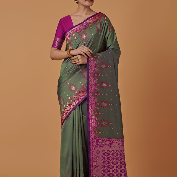 Monjolika Fashion Olive Banarasi Silk Blend SareeWith Zari Woven Rich Brocade Design - Distacart