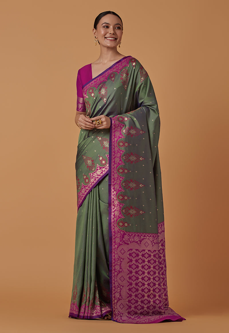 Monjolika Fashion Olive Banarasi Silk Blend SareeWith Zari Woven Rich Brocade Design - Distacart