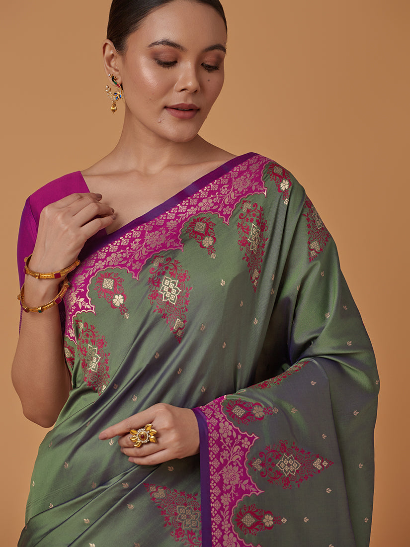Monjolika Fashion Olive Banarasi Silk Blend SareeWith Zari Woven Rich Brocade Design - Distacart