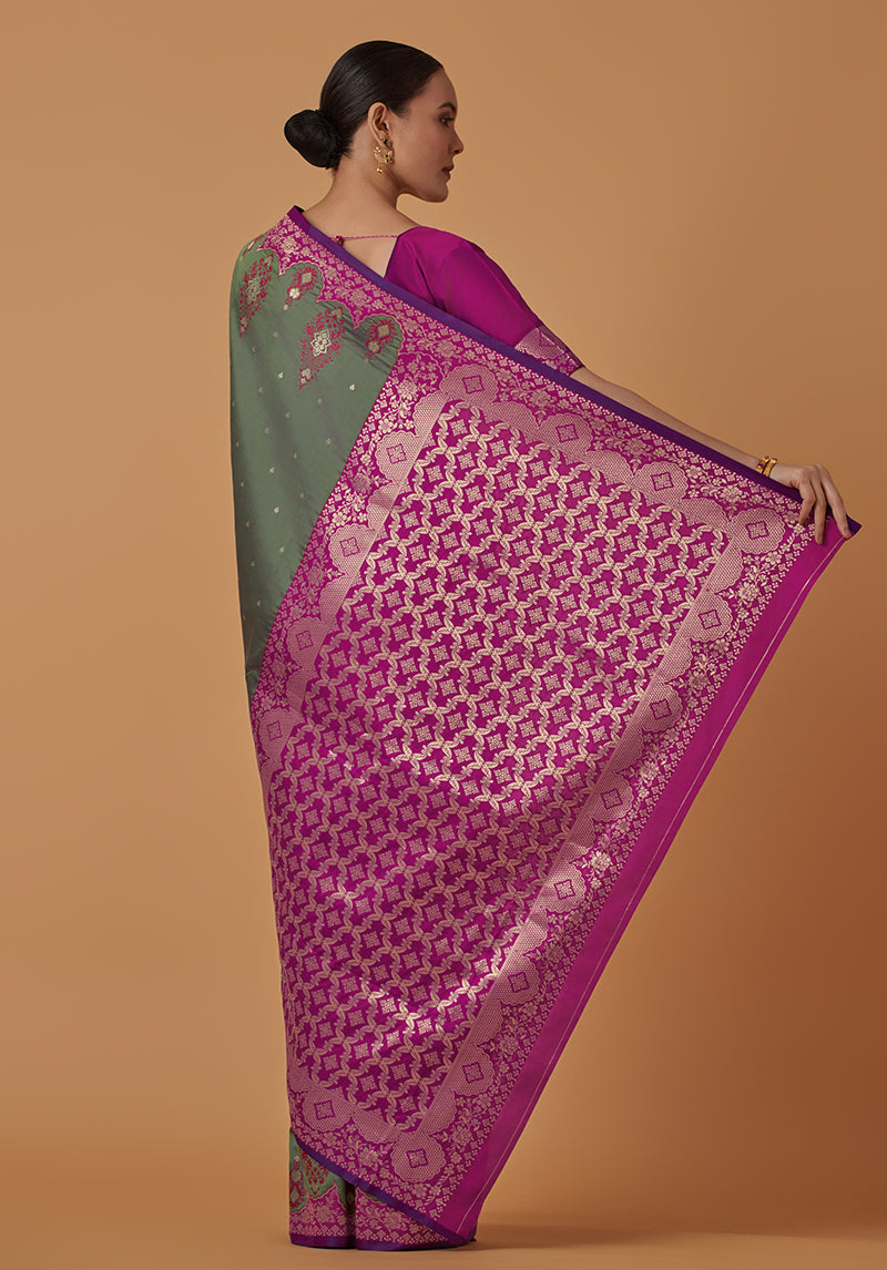 Monjolika Fashion Olive Banarasi Silk Blend SareeWith Zari Woven Rich Brocade Design - Distacart