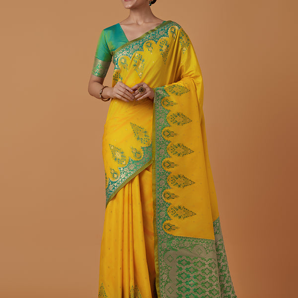 Monjolika Fashion Yellow Banarasi Silk Blend SareeWith Zari Woven Rich Brocade Design - Distacart