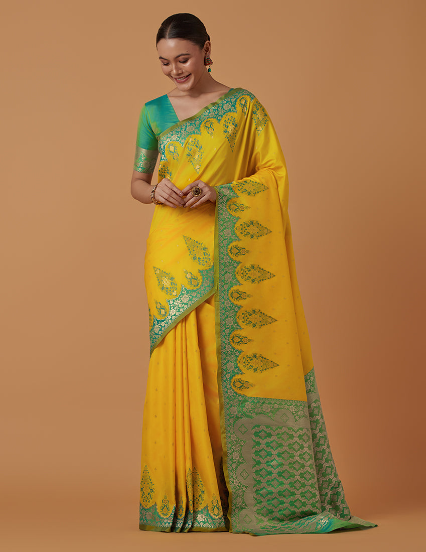 Monjolika Fashion Yellow Banarasi Silk Blend SareeWith Zari Woven Rich Brocade Design - Distacart