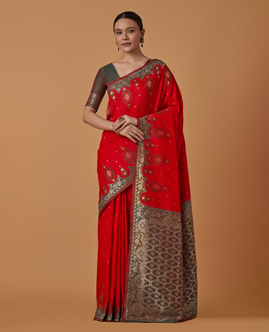 Monjolika Fashion Red Banarasi Silk Blend SareeWith Zari Woven Rich Brocade Design - Distacart
