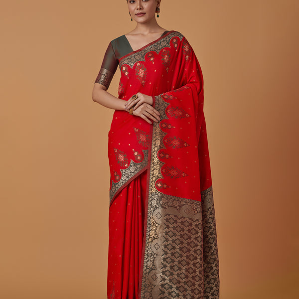 Monjolika Fashion Red Banarasi Silk Blend SareeWith Zari Woven Rich Brocade Design - Distacart