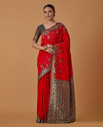 Thumbnail for Monjolika Fashion Red Banarasi Silk Blend SareeWith Zari Woven Rich Brocade Design - Distacart