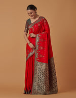 Thumbnail for Monjolika Fashion Red Banarasi Silk Blend SareeWith Zari Woven Rich Brocade Design - Distacart