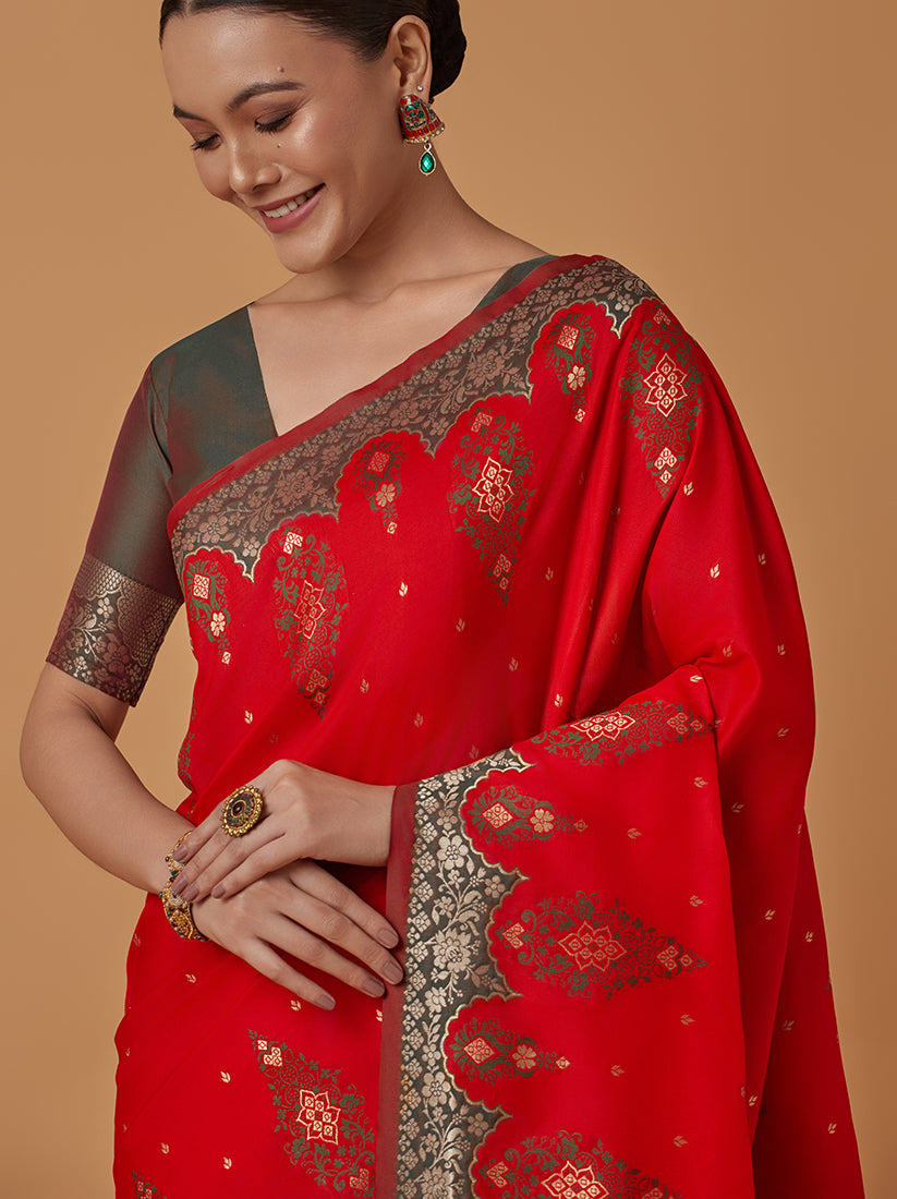 Monjolika Fashion Red Banarasi Silk Blend SareeWith Zari Woven Rich Brocade Design - Distacart