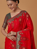 Thumbnail for Monjolika Fashion Red Banarasi Silk Blend SareeWith Zari Woven Rich Brocade Design - Distacart