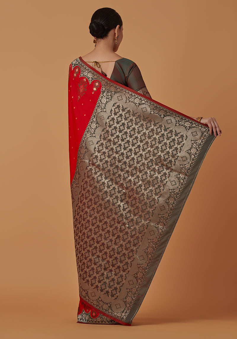 Monjolika Fashion Red Banarasi Silk Blend SareeWith Zari Woven Rich Brocade Design - Distacart