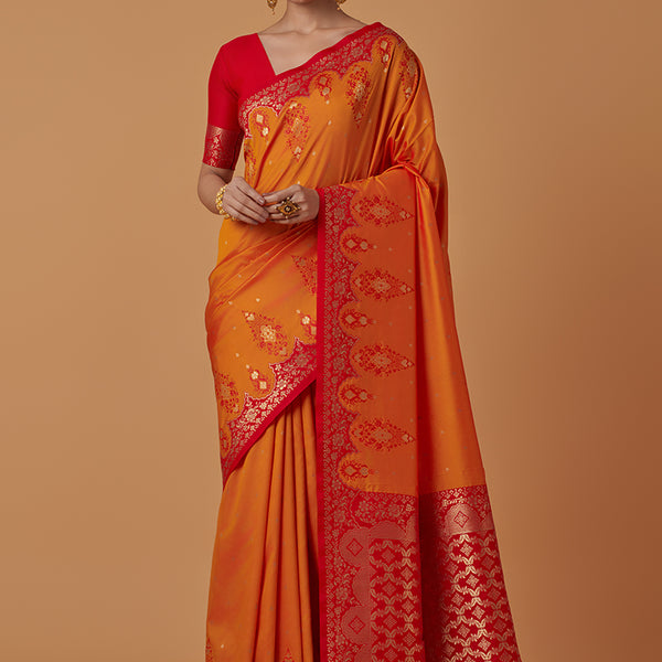 Monjolika Fashion Amber Banarasi Silk Blend SareeWith Zari Woven Rich Brocade Design - Distacart