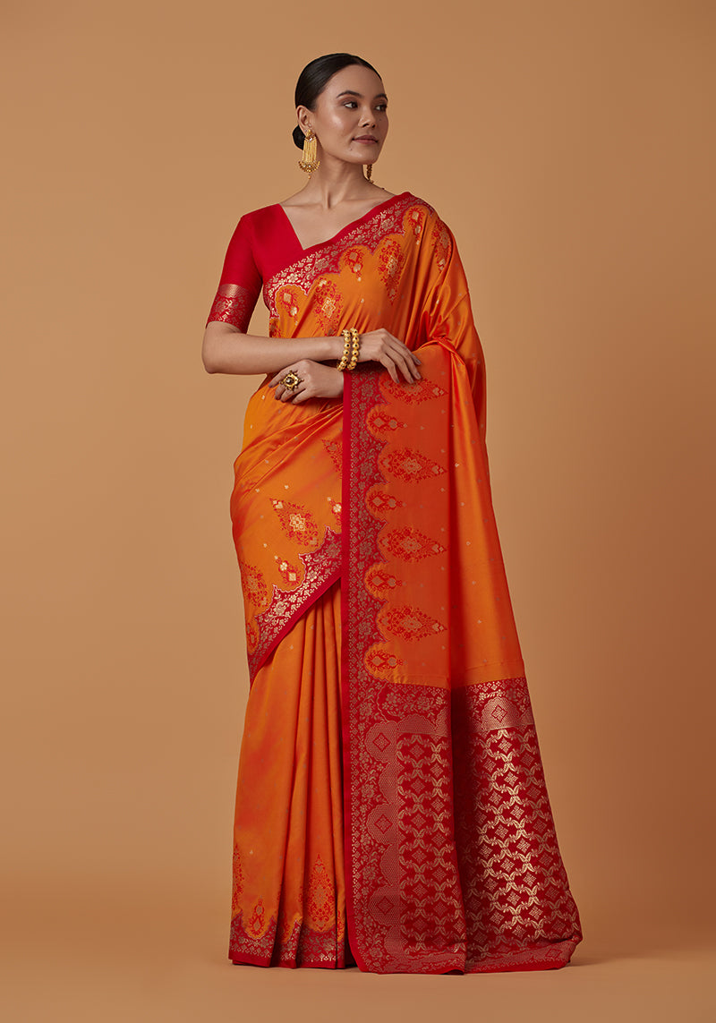 Monjolika Fashion Amber Banarasi Silk Blend SareeWith Zari Woven Rich Brocade Design - Distacart