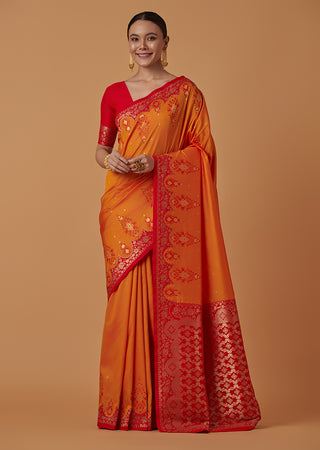 Monjolika Fashion Amber Banarasi Silk Blend SareeWith Zari Woven Rich Brocade Design - Distacart
