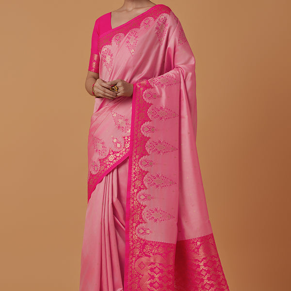 Monjolika Fashion Light Pink Banarasi Silk Blend SareeWith Zari Woven Rich Brocade Design - Distacart