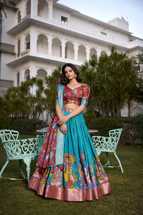 Lorenvalley Firozi Dola Silk with Jacquard Printed (Kalamkari) with Zari Weaving Border Lehenga Choli - Distacart