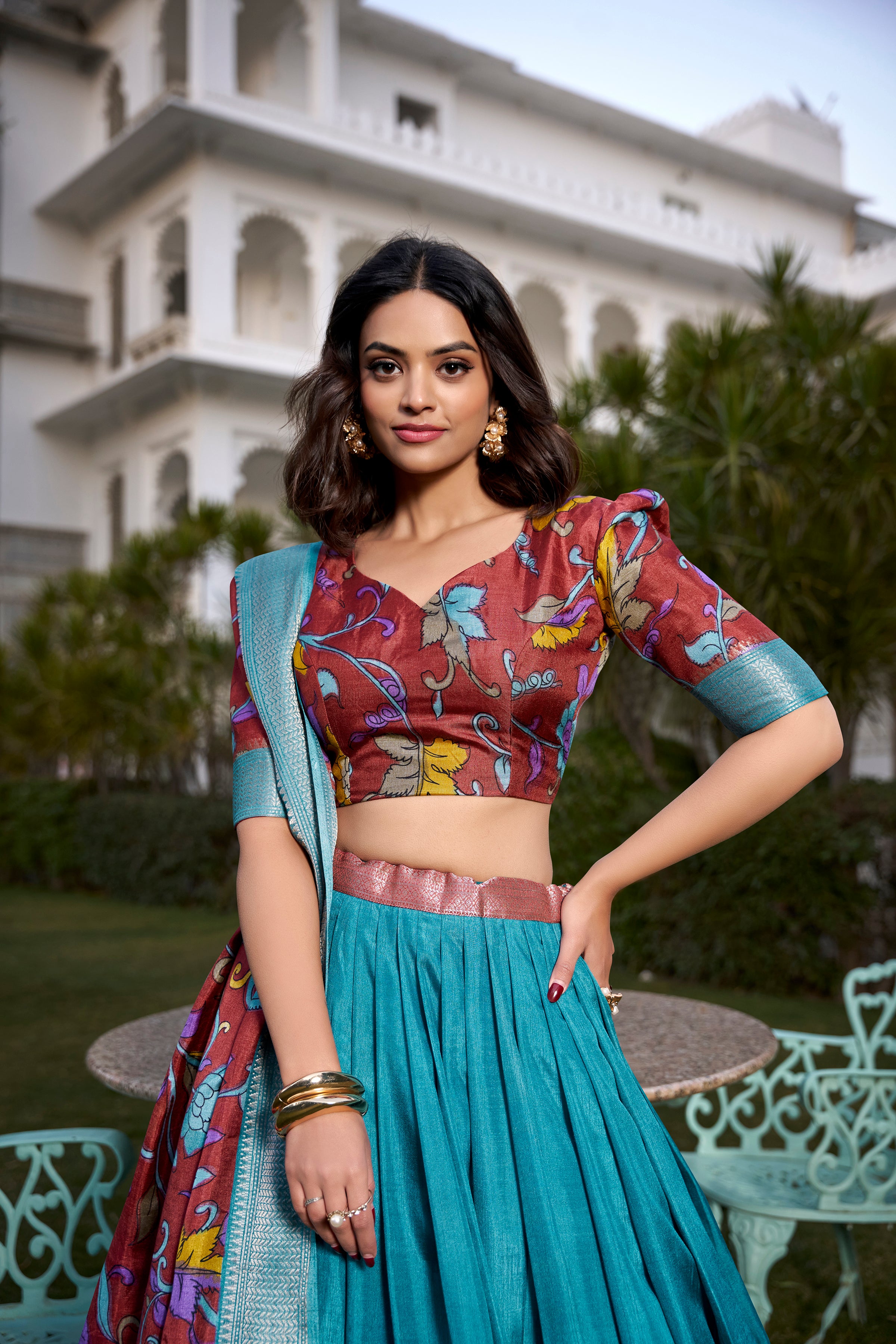 Lorenvalley Firozi Dola Silk with Jacquard Printed (Kalamkari) with Zari Weaving Border Lehenga Choli - Distacart