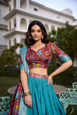 Thumbnail for Lorenvalley Firozi Dola Silk with Jacquard Printed (Kalamkari) with Zari Weaving Border Lehenga Choli - Distacart
