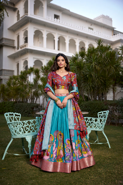 Lorenvalley Firozi Dola Silk with Jacquard Printed (Kalamkari) with Zari Weaving Border Lehenga Choli - Distacart