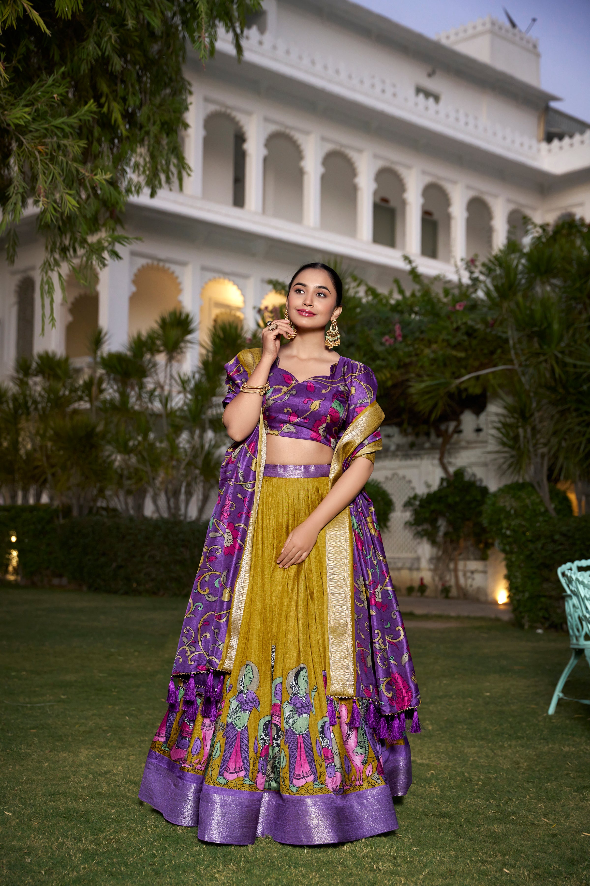 Lorenvalley Mustard Dola Silk with Jacquard Printed (Kalamkari) with Zari Weaving Border Lehenga Choli - Distacart