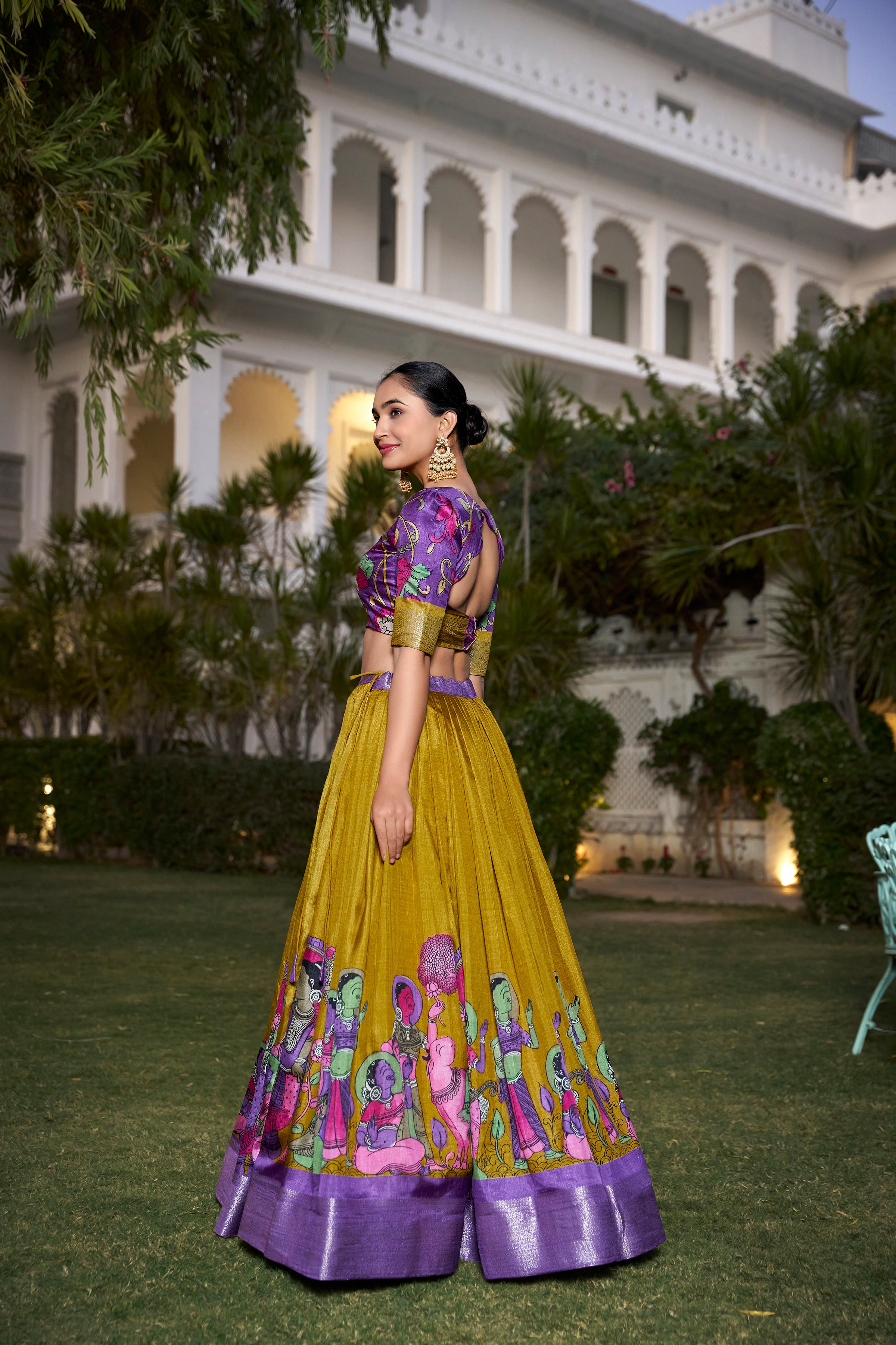 Lorenvalley Mustard Dola Silk with Jacquard Printed (Kalamkari) with Zari Weaving Border Lehenga Choli - Distacart