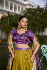Thumbnail for Lorenvalley Mustard Dola Silk with Jacquard Printed (Kalamkari) with Zari Weaving Border Lehenga Choli - Distacart