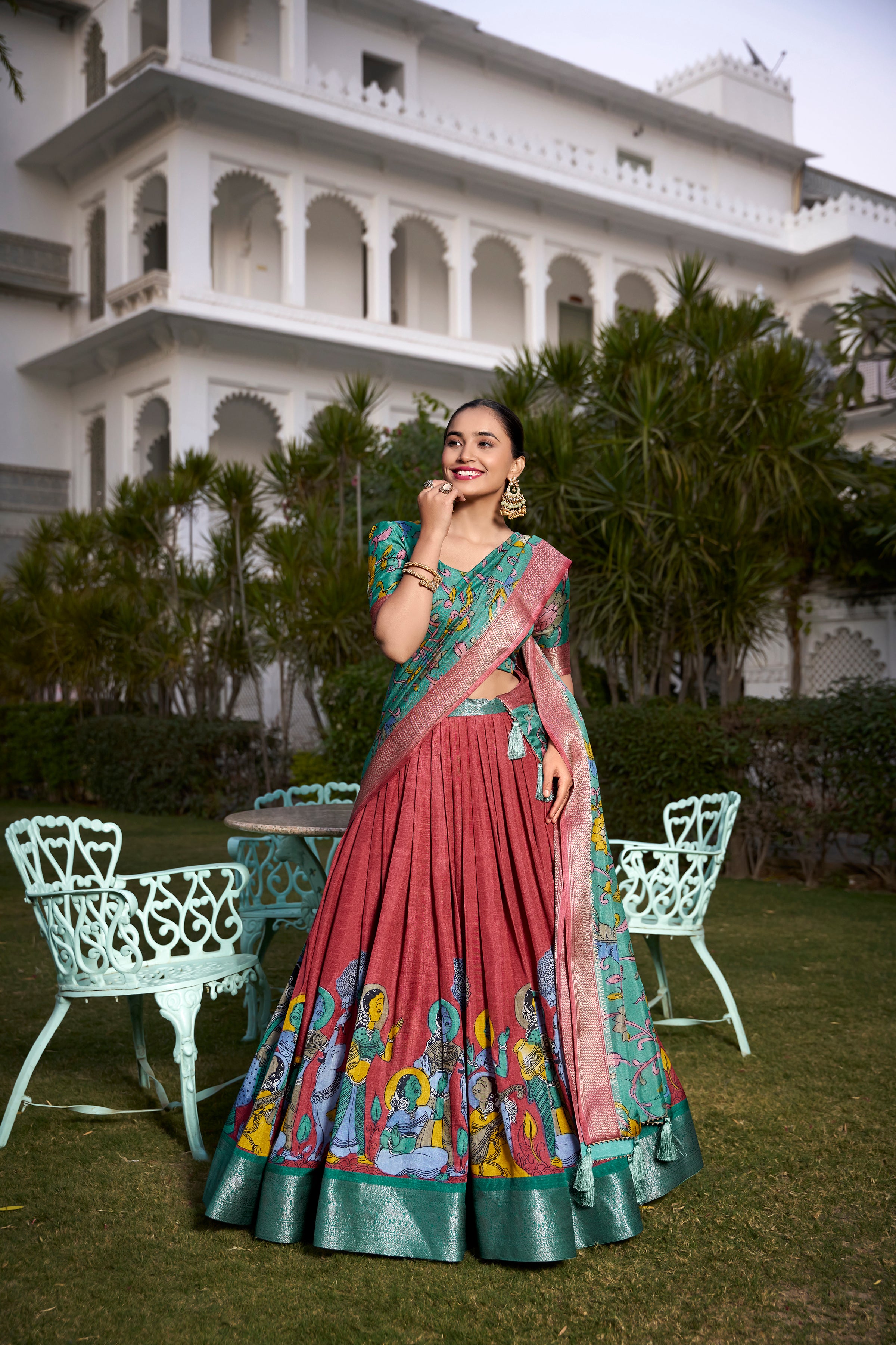 Lorenvalley Rust Dola Silk with Jacquard Printed (Kalamkari) with Zari Weaving Border Lehenga Choli - Distacart
