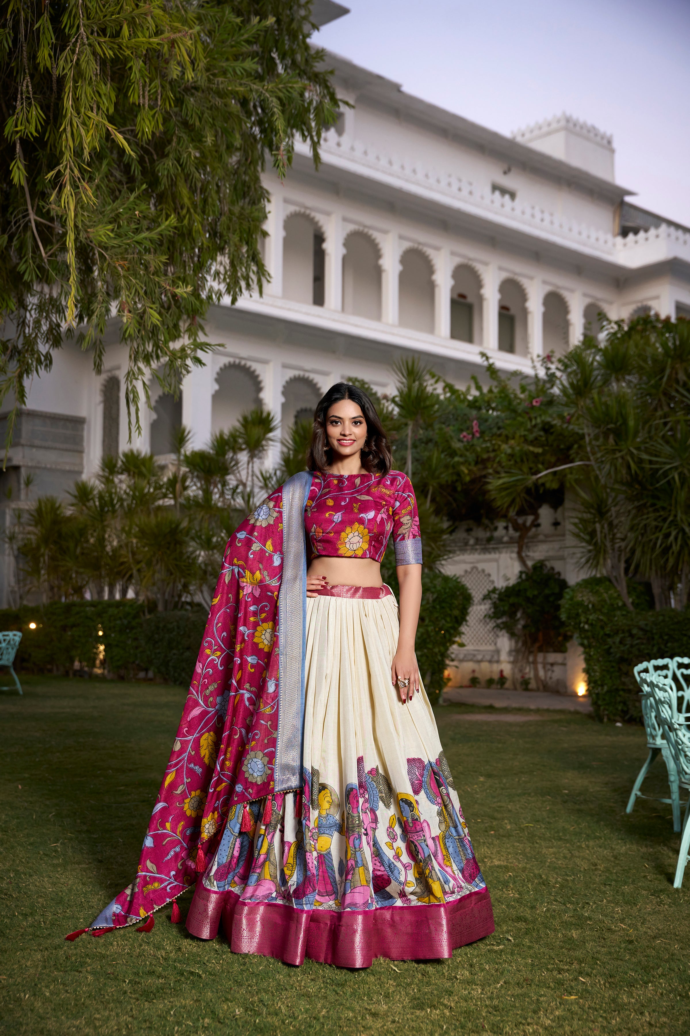 Lorenvalley White Dola Silk with Jacquard Printed (Kalamkari) with Zari Weaving Border Lehenga Choli - Distacart