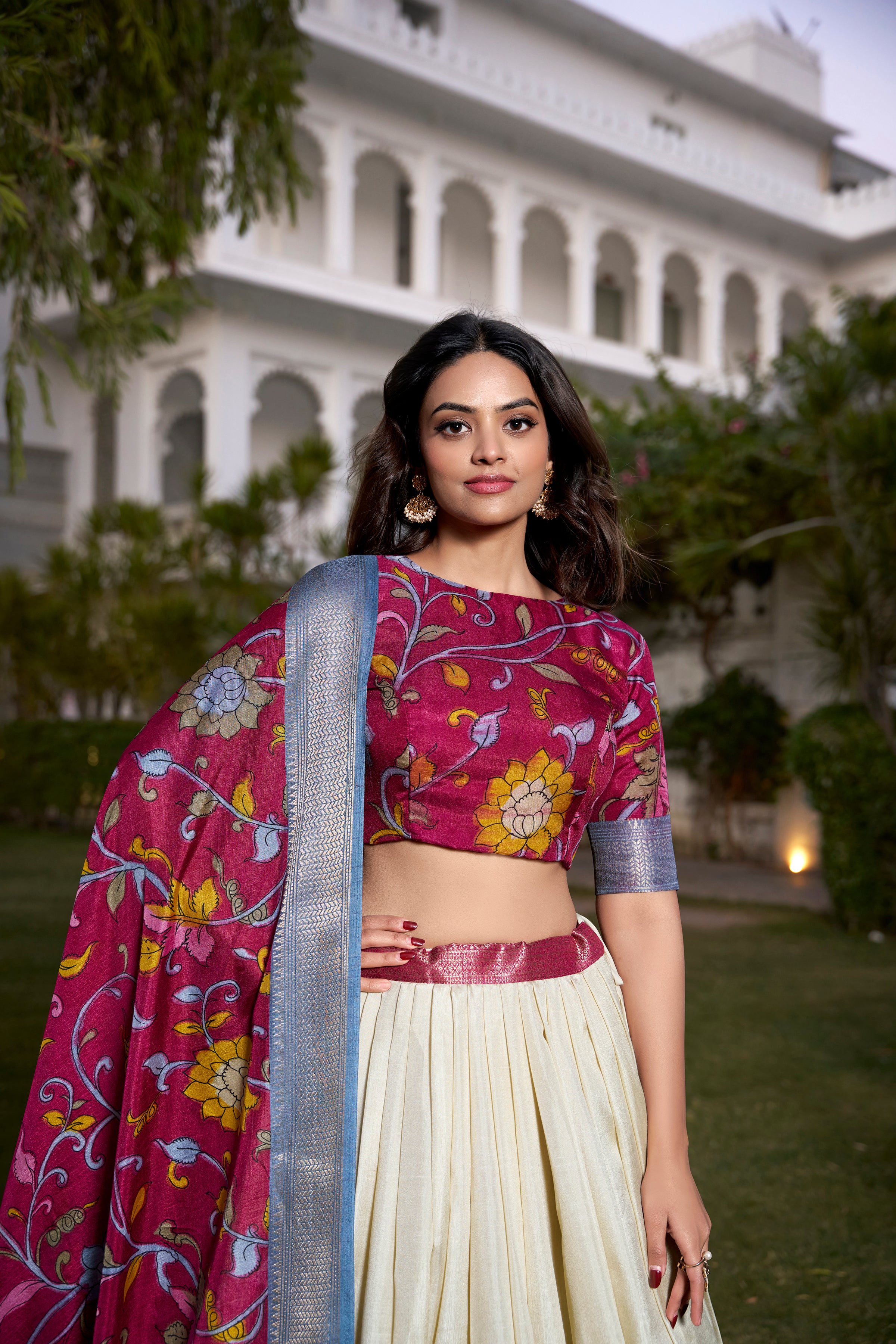 Lorenvalley White Dola Silk with Jacquard Printed (Kalamkari) with Zari Weaving Border Lehenga Choli - Distacart