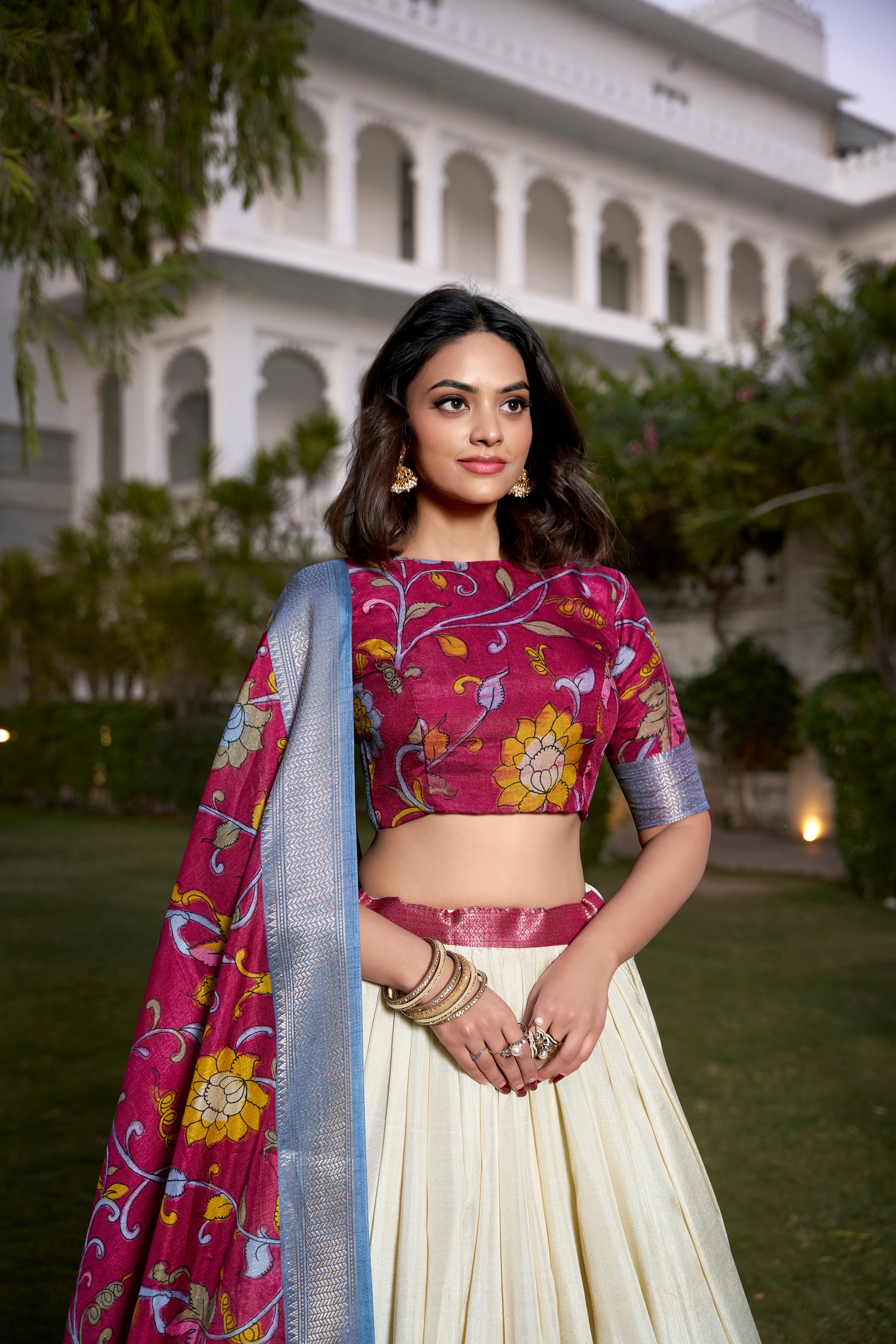 Lorenvalley White Dola Silk with Jacquard Printed (Kalamkari) with Zari Weaving Border Lehenga Choli - Distacart