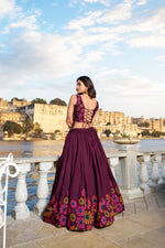 Thumbnail for Lorenvalley Wine Tussar Silk Floral Print With Foil Work Lehenga Choli - Distacart