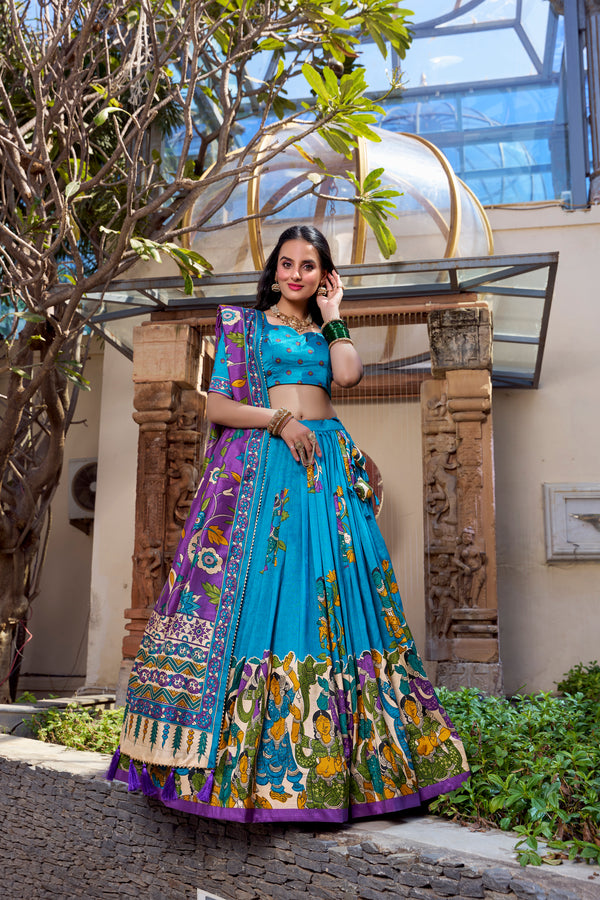 Lorenvalley Firozi Tussar Silk Kalamkari With Foil Work Lehenga Choli - Distacart