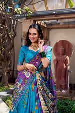Thumbnail for Lorenvalley Firozi Tussar Silk Kalamkari With Foil Work Lehenga Choli - Distacart