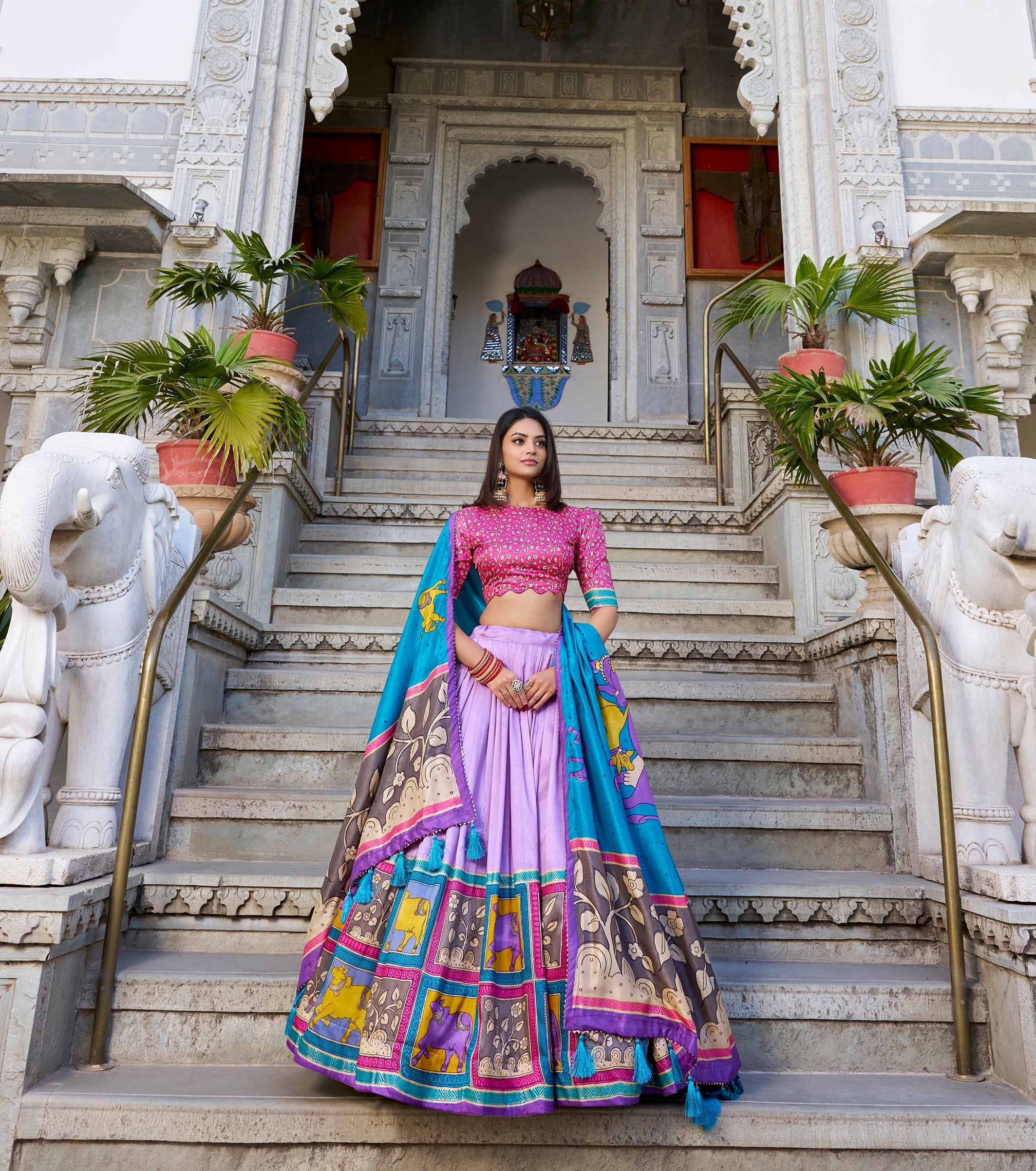 Lorenvalley Lavender Tussar Silk Kalamkari With Foil Work Lehenga Choli with Dupatta - Distacart