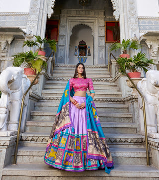 Lorenvalley Lavender Tussar Silk Kalamkari With Foil Work Lehenga Choli with Dupatta - Distacart