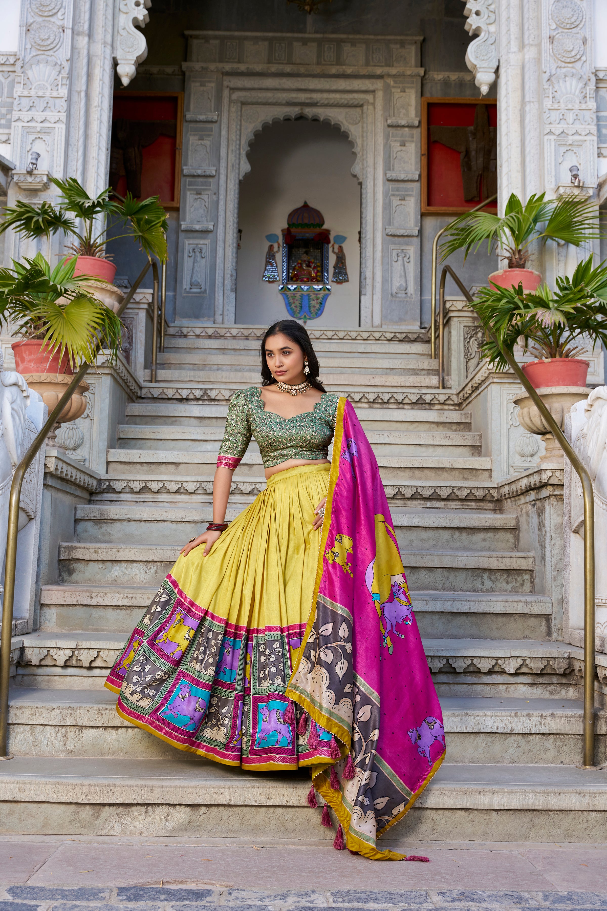 Lorenvalley Mustard Tussar Silk Kalamkari With Foil Work Lehenga Choli with Dupatta - Distacart
