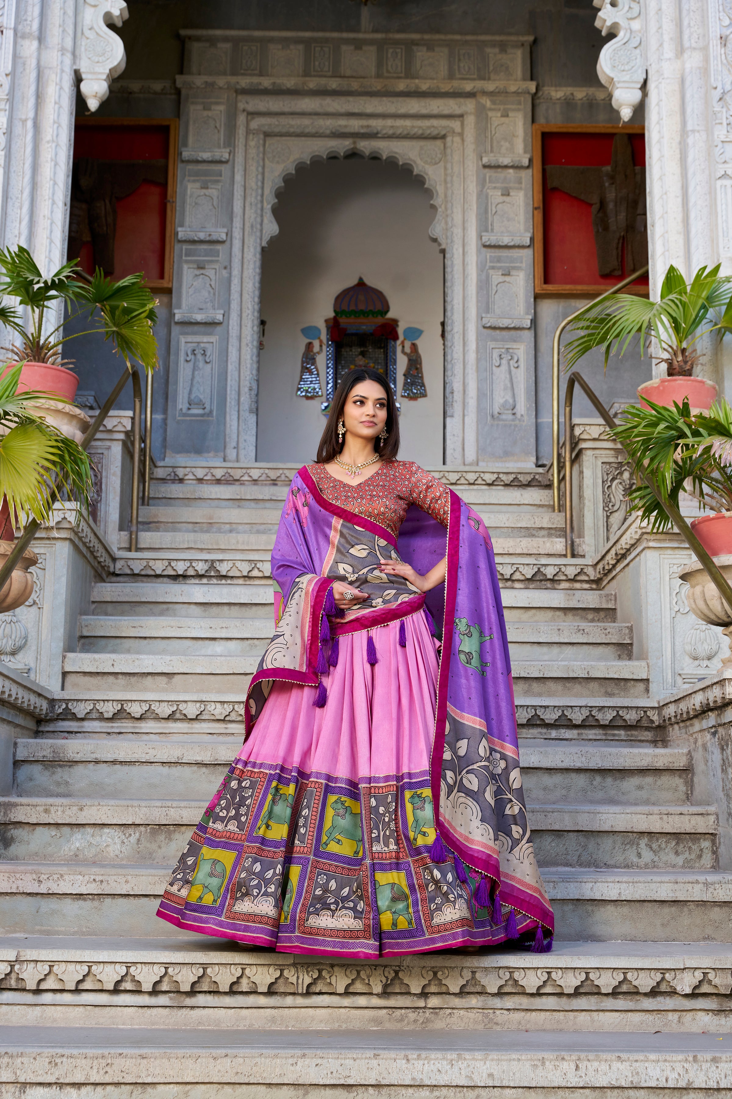 Lorenvalley Peach Tussar Silk Kalamkari With Foil Work Lehenga Choli with Dupatta - Distacart