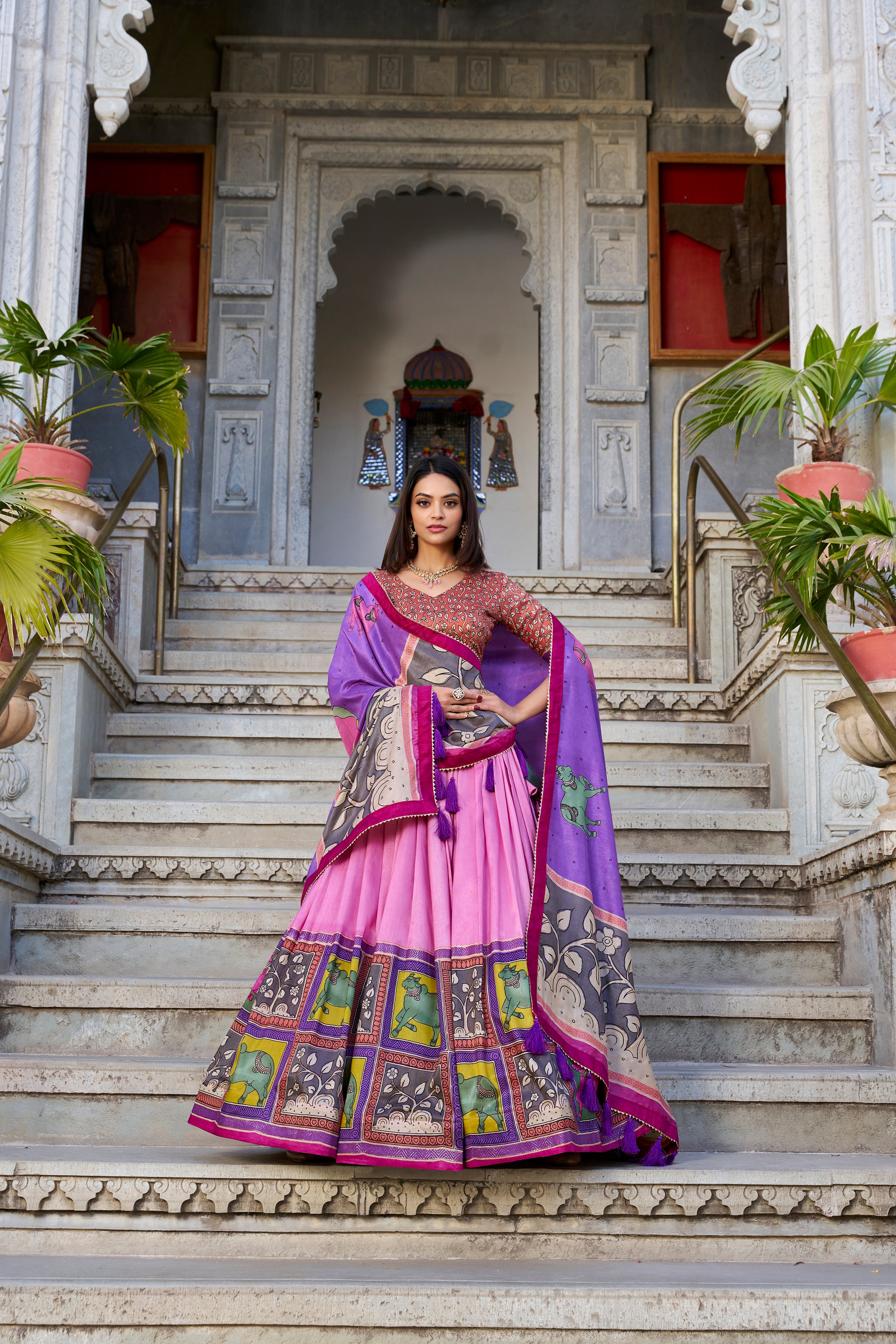 Lorenvalley Peach Tussar Silk Kalamkari With Foil Work Lehenga Choli with Dupatta - Distacart