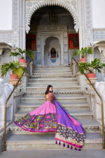 Thumbnail for Lorenvalley Peach Tussar Silk Kalamkari With Foil Work Lehenga Choli with Dupatta