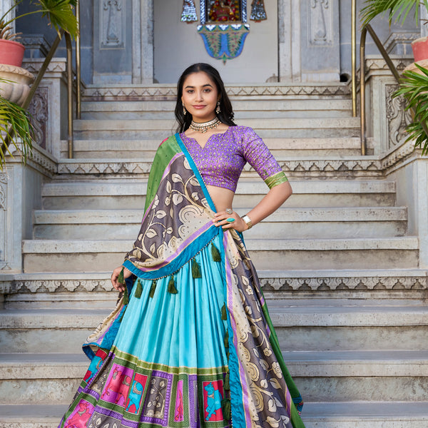 Lorenvalley Seagreen Tussar Silk Kalamkari With Foil Work Lehenga Choli with Dupatta - Distacart