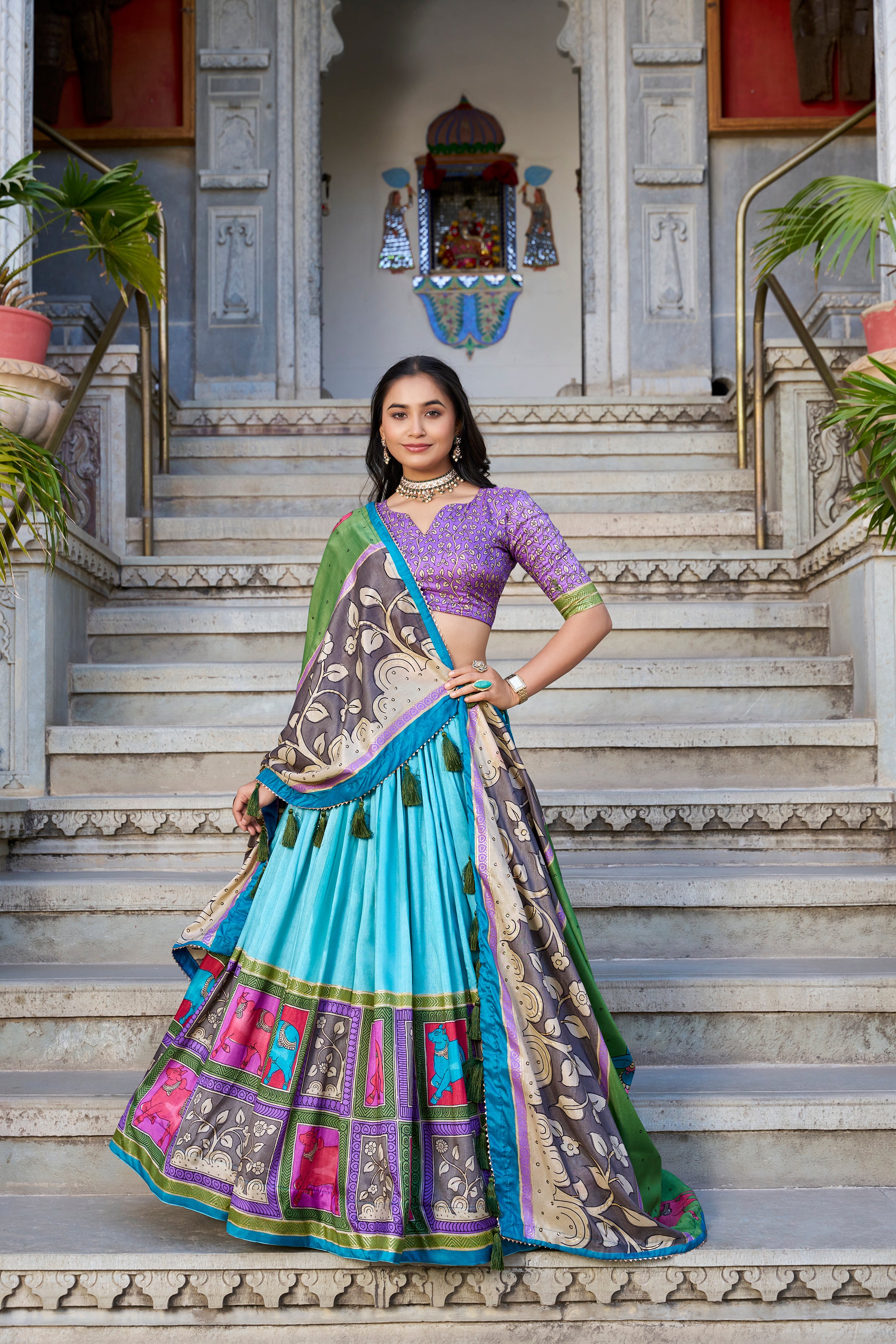 Lorenvalley Seagreen Tussar Silk Kalamkari With Foil Work Lehenga Choli with Dupatta - Distacart