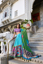 Thumbnail for Lorenvalley Seagreen Tussar Silk Kalamkari With Foil Work Lehenga Choli with Dupatta
